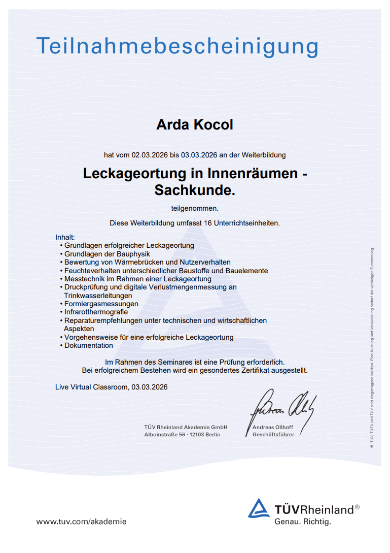 Teilnahmebescheinigung: Leckageortung in Innenräumen - Sachkunde – Arda Kocol