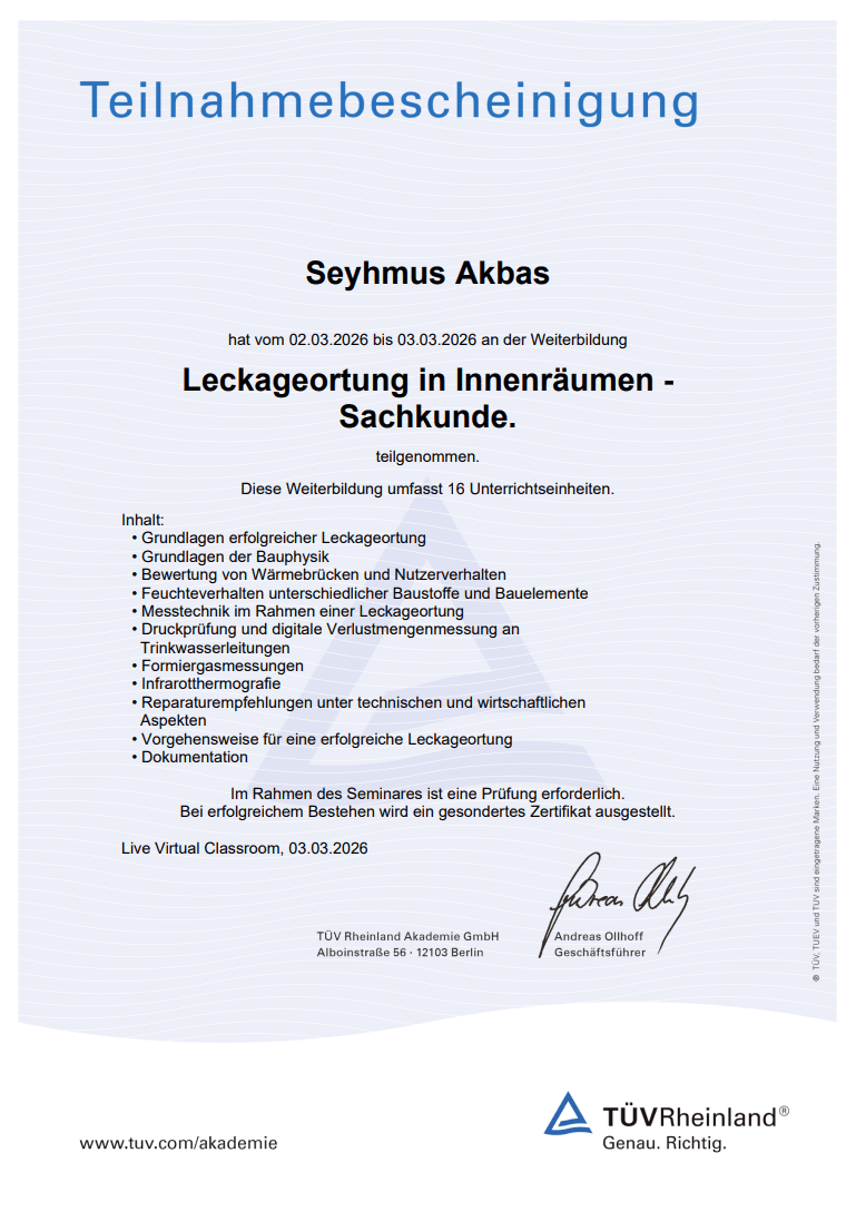 Teilnahmebescheinigung: Leckageortung in Innenräumen - Sachkunde – Seyhmus Akbas